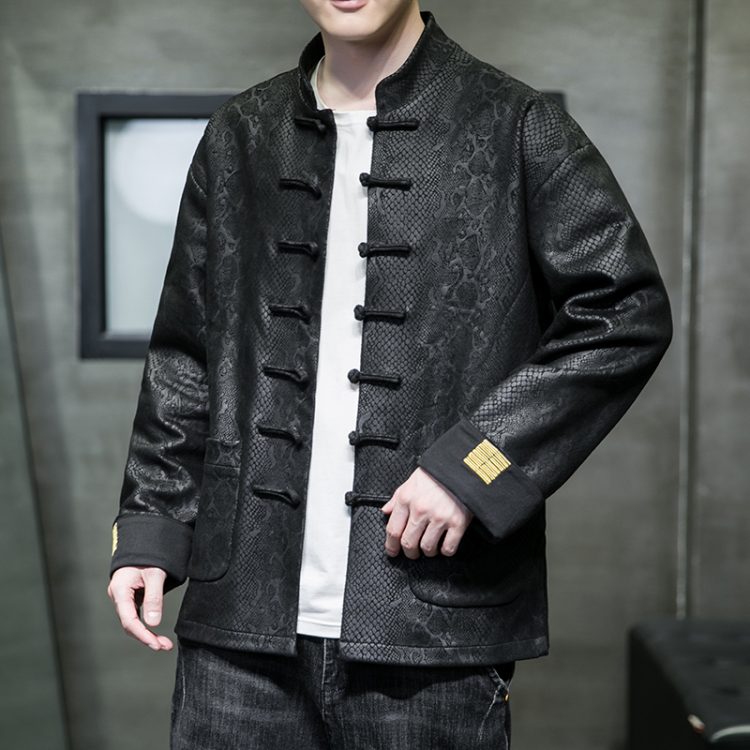 Men's Chinese Style Suede Jacket – Snake Print Tang Suit with Stand Collar and Frog Buttons, Trendy Zhongshan Style Coat