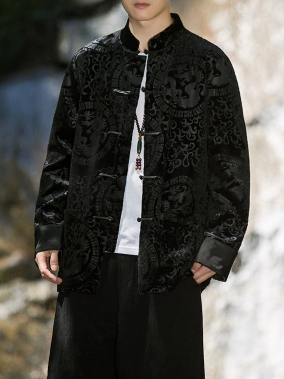 Men's Chinese Style Dragon Velvet Jacket – Vintage Tang Suit with Frog Buttons, Ethnic-Inspired Loose Fit Coat for Youth