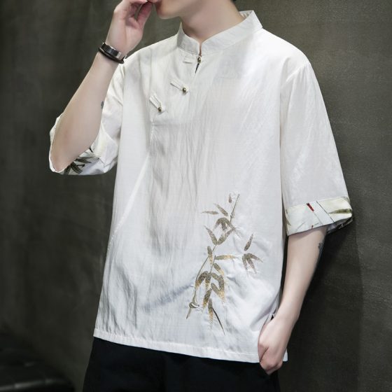 Men's Asymmetrical Hanfu Chinese Style Summer Ice Silk Short Sleeve T-Shirt – Loose Fit Embroidered Mid-Sleeve Tee - Image 2