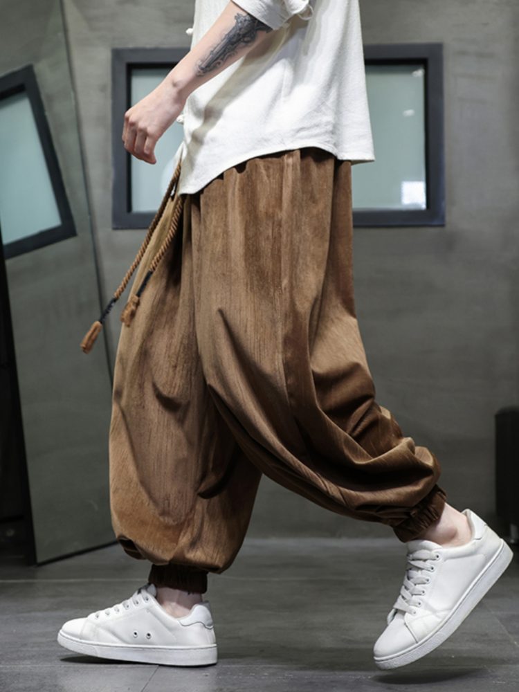 Men's Chinese Style Autumn/Winter Fleece-Lined Wide-Leg Lantern Pants – Vintage Loose Fit Plus Size Tapered Trousers