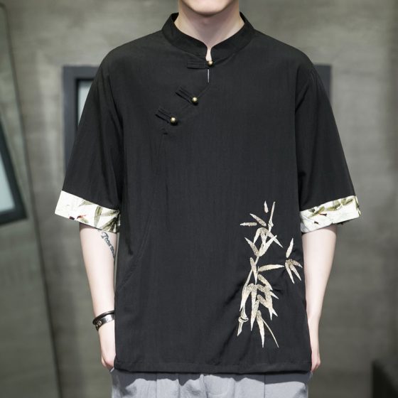 Men's Asymmetrical Hanfu Chinese Style Summer Ice Silk Short Sleeve T-Shirt – Loose Fit Embroidered Mid-Sleeve Tee - Image 3