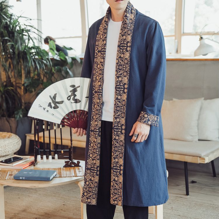 Men's Chinese Style Oversized Trench Coat – Autumn/Winter Cotton Linen Long Tang Suit Hanfu Robe, Vintage Loose Fit