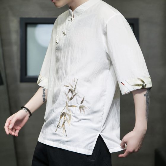 Men's Asymmetrical Hanfu Chinese Style Summer Ice Silk Short Sleeve T-Shirt – Loose Fit Embroidered Mid-Sleeve Tee - Image 4