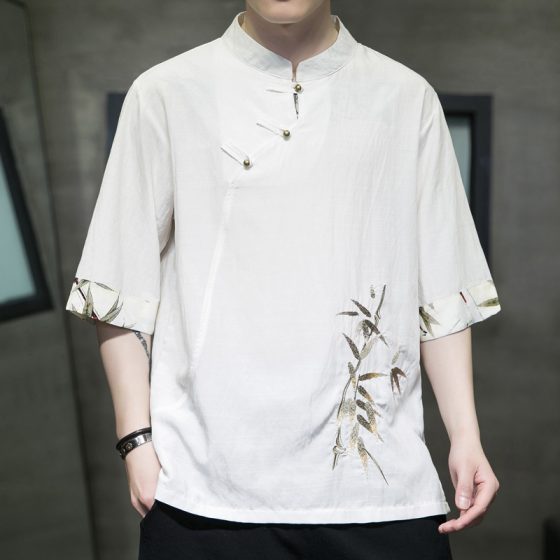 Men's Asymmetrical Hanfu Chinese Style Summer Ice Silk Short Sleeve T-Shirt – Loose Fit Embroidered Mid-Sleeve Tee - Image 5