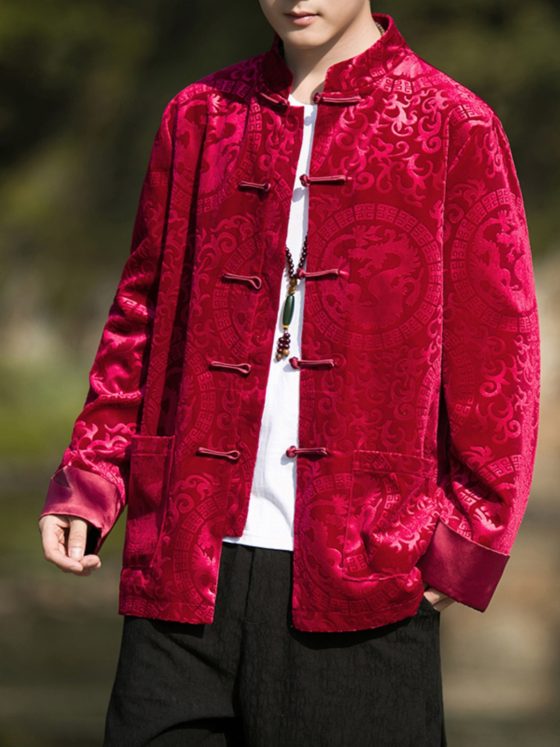 Men's Chinese Style Dragon Velvet Jacket – Vintage Tang Suit with Frog Buttons, Ethnic-Inspired Loose Fit Coat for Youth - Image 5