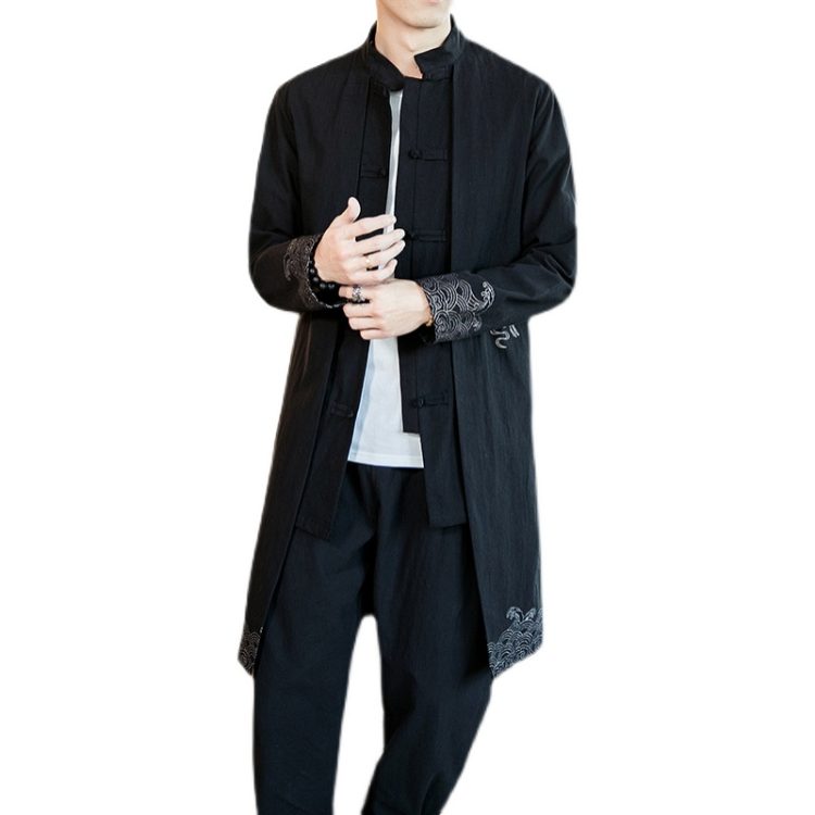 Men's Chinese Style Tang Suit Trench Coat – Autumn/Winter Mid-Length Cotton Linen Long Sleeve Jacket, Loose Fit Plus Size