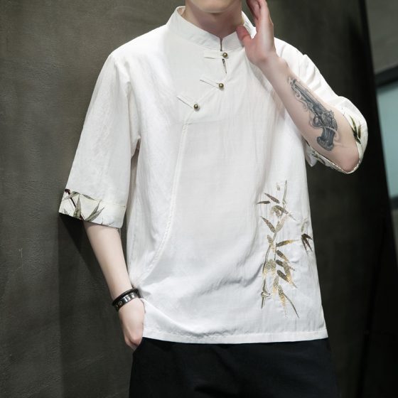 Men's Asymmetrical Hanfu Chinese Style Summer Ice Silk Short Sleeve T-Shirt – Loose Fit Embroidered Mid-Sleeve Tee