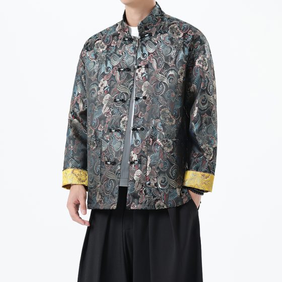 Men's Tang Suit Chinese Style Jacquard Top – Spring/Autumn New Hanfu Jacket for Seniors and Fathers - Image 3